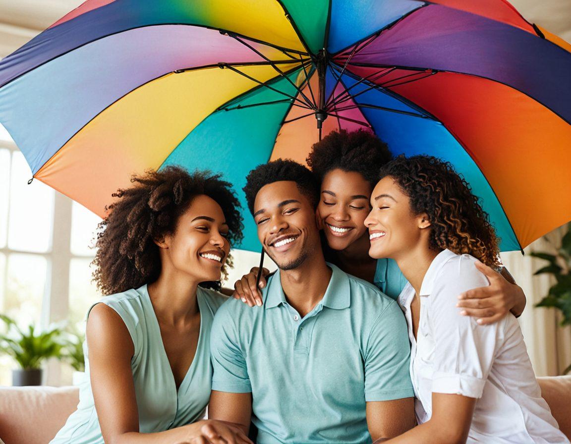 A warm-hearted family scene where diverse individuals are sharing a loving moment, surrounded by symbols of protection like an umbrella and a heart. Incorporate soft, inviting colors to enhance the emotional feel, with subtle icons representing different types of insurance in the background. The scene should exude a sense of security and comfort, illustrating the merging of love and coverage. soft and inviting. vibrant colors. cozy atmosphere.