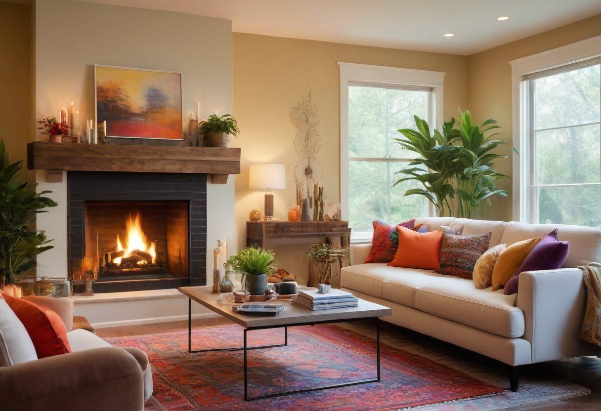 A cozy living room featuring a plush sofa adorned with soft throw pillows, a warm glowing fireplace, and stylish insurance-themed decor elements subtly woven in. A couple enjoys a peaceful moment, surrounded by vibrant houseplants and contemporary furnishings, symbolizing the blend of love, comfort, and security. The atmosphere should radiate warmth and happiness. super-realistic. vibrant colors. warm lighting.