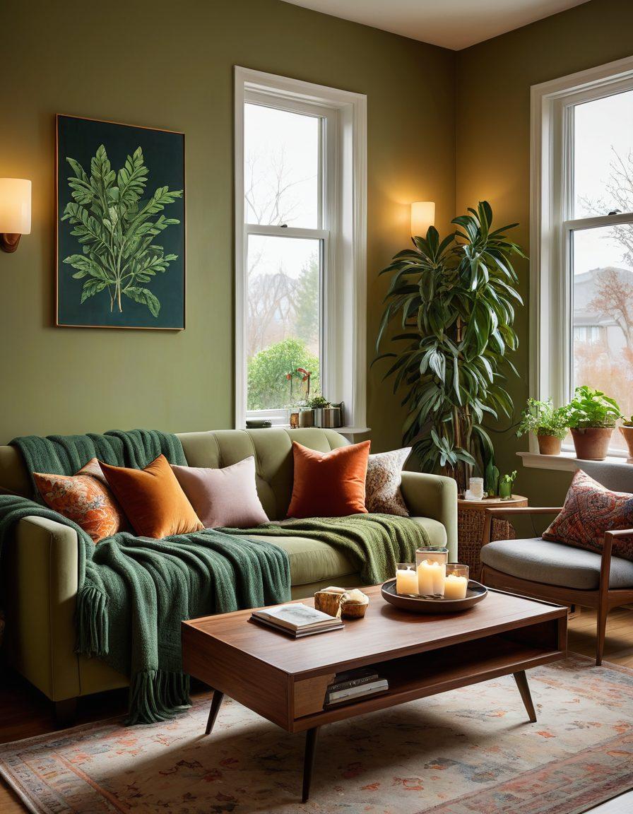 A warm, inviting living room with plush furniture, soft lighting, and decorative elements like candles and plants, showcasing a blend of stylish home decor and protective features such as secure windows and smart home devices. The scene should exude comfort and safety, with a plush throw blanket and a steaming cup of tea on a coffee table. A decorative wall art piece subtly featuring the concept of 'sanctuary' can add an inspiring touch. cozy atmosphere. super-realistic. vibrant colors.